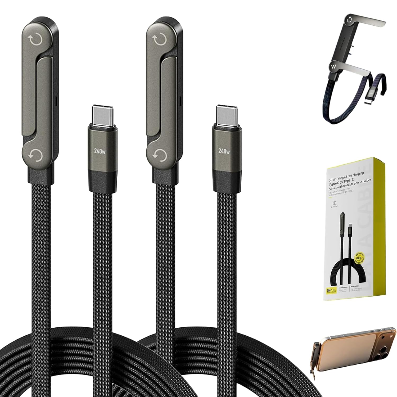 2-in-1 Invisible Holder Charger Cable – 240W Fast Charging Cord with Built-in Phone Stand, Tangle-Free Nylon Cables for Smartphones Tablets (2 pcs)