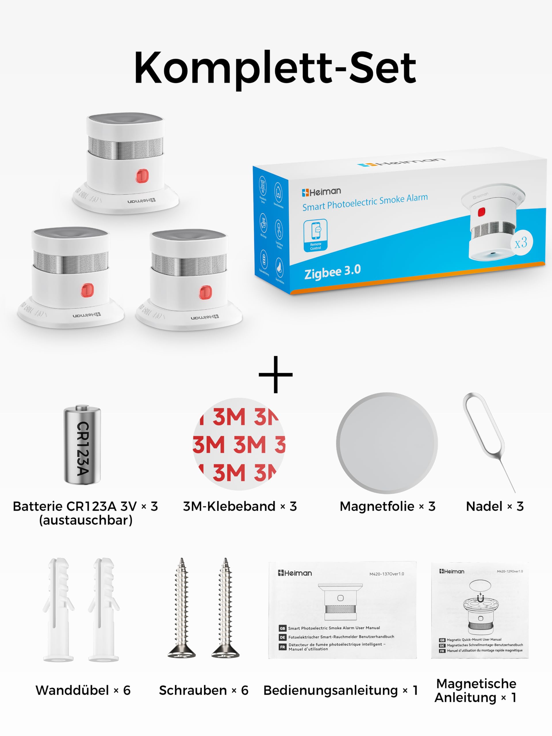 Heiman Smart Zigbee Rauchmelder HS1SA-E Plus, 3 Stück | Smart für Home Assistant ZHA & Z2M, Zigbee 3.0 Hub erforderlich, 5 Jahre austauschbare Batterie, Mit Magnethalterung