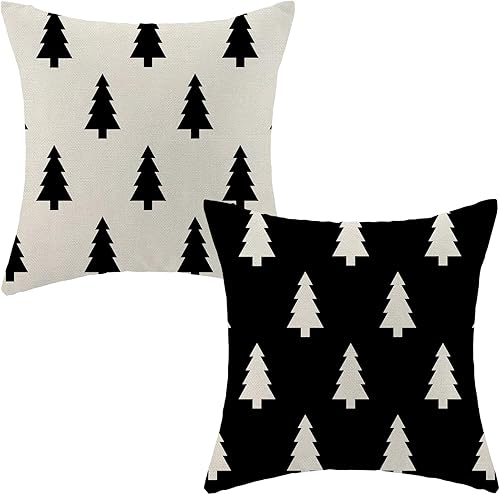 Juego de 2 fundas de almohada de Navidad de 16 x 16 pulgadas, decoración de Navidad bohemia con árbol blanco y negro, decoración navideña geométrica