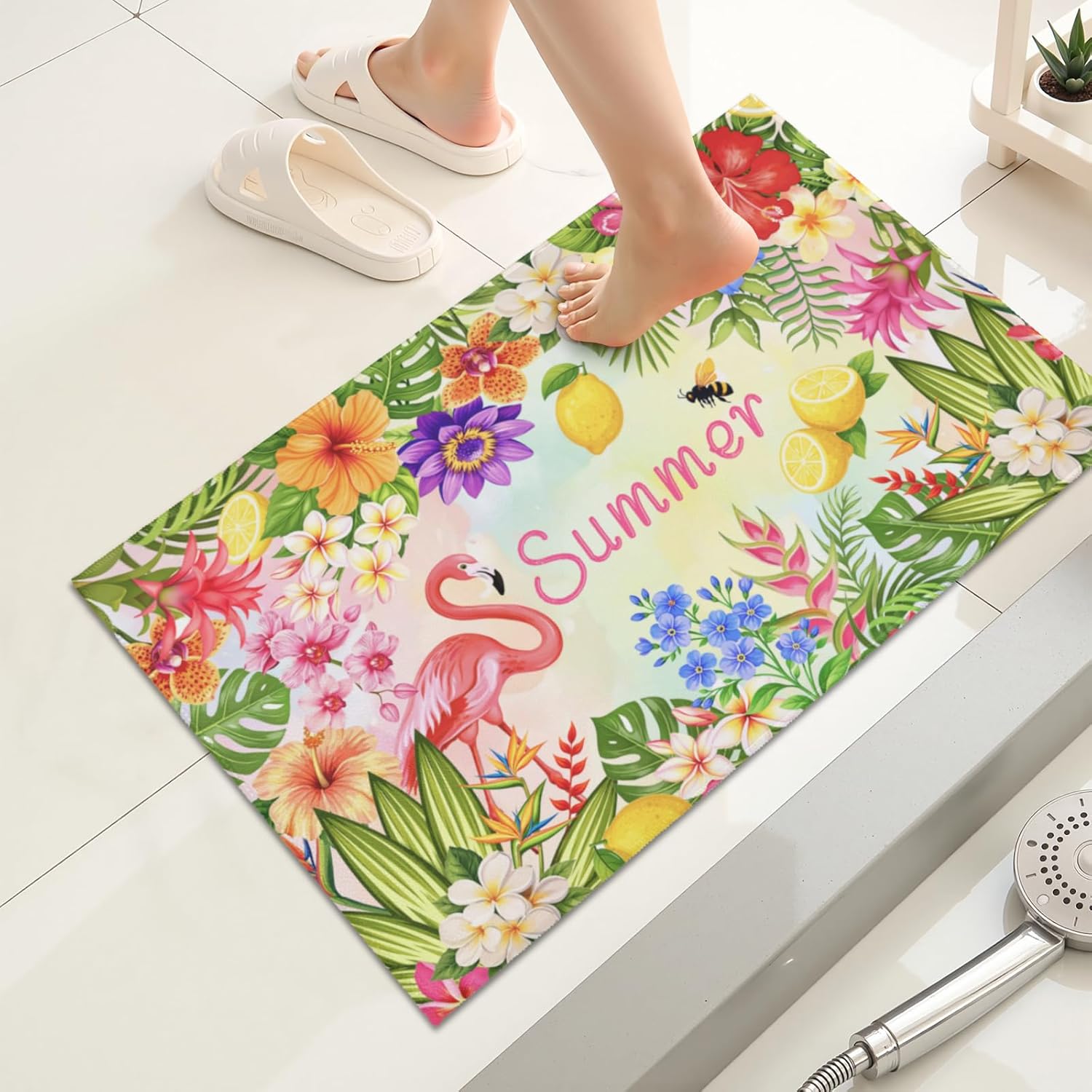 Summer Bath Rug Flamingo Tropical Plant Bath Mat Tropical Leaves Lemon Frangipani Hibiscus Flowers Doormat Non Slip Absorbent Bathroom Rug 20x32 Inch for Bathroom Entryway