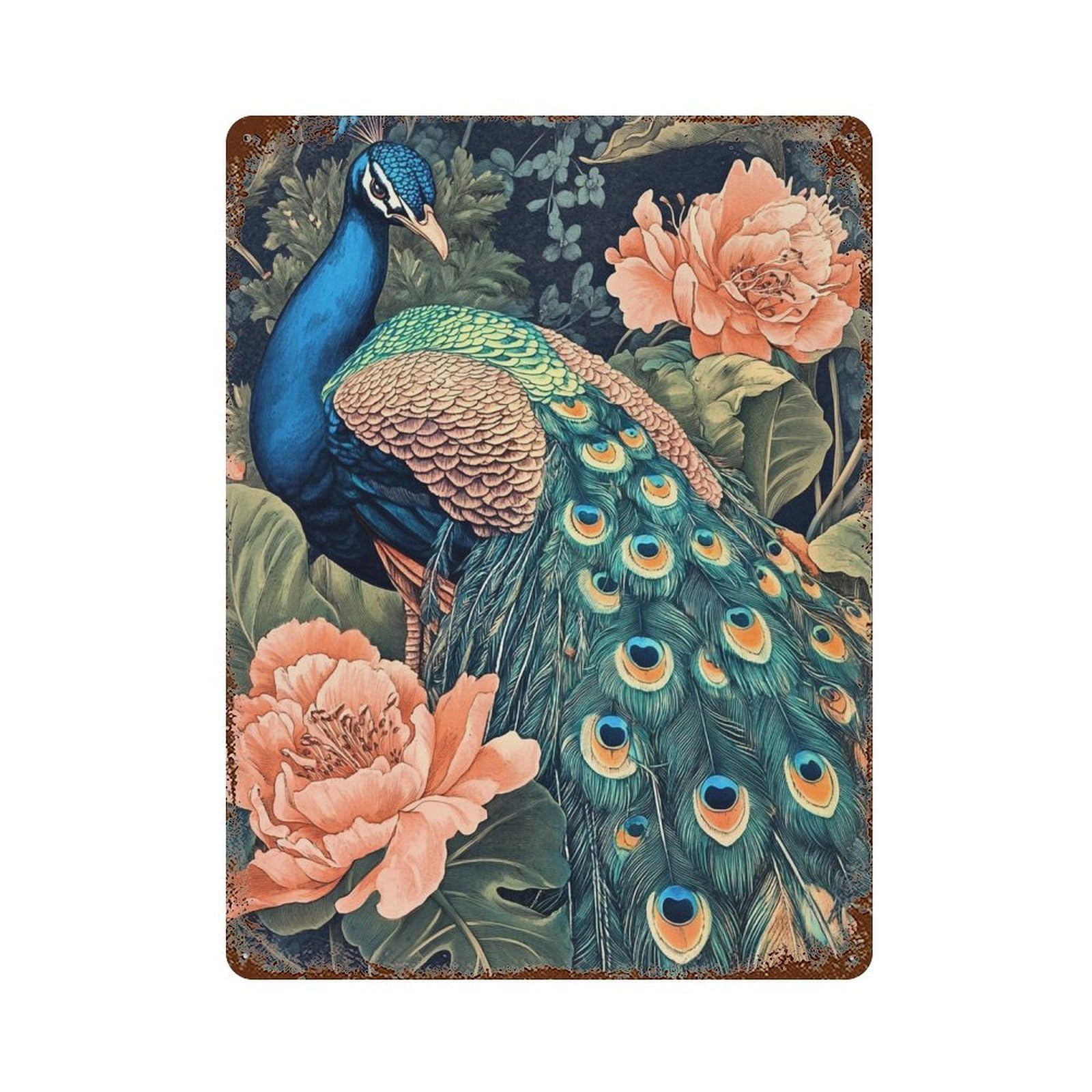 Peacock with Flowers Art Print Decorative Tin Sign 15.7"x11.8", Vintage Wall Decor for Garage, Pub Or Kitchen