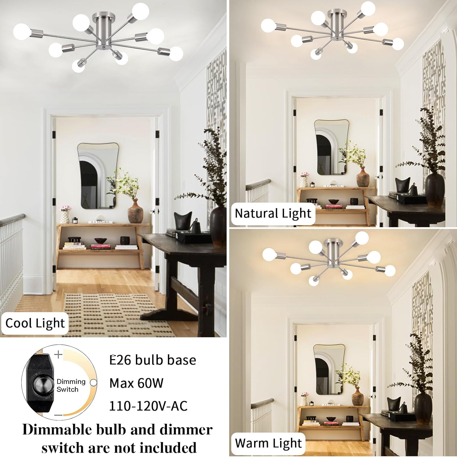 Nickel 8-Light Geometric Sputnik Semi Flush Mount Chandelier