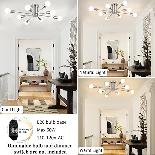 Miniatura 5 de Sputnik - Lámpara de techo, 8 luces de níquel cepillado, lámpara Sputnik moderna de mediados de siglo, lámpara Sputnik para dormitorio, cocina,