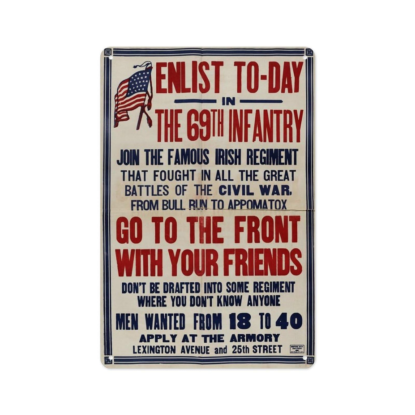 peiyeety Metal Tin Sign 8 X 12 Inch - 1917 War Poster - Enlist Today 69th Infantry Irish Regiment - Military Army World War 1 WWI WW1 Print, For Cafe, Bar, Home Wall Decor