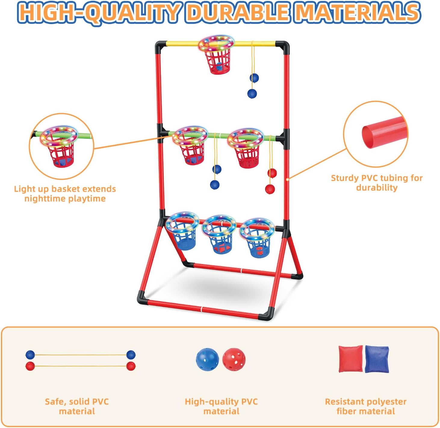 Backyard Lawn Games for Adults Kids - 3-in-1 Yard Pong with 6 Light Up Basket, Ladder Ball and Bean Bag Toss Game - Outdoor Yard Tailgate Game for Family Parties