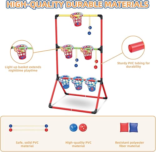 Miniatura 6 de Juegos de Patio para Adultos y Niños - Juego de Pong de Patio 3-en-1 con 6 Canastas Iluminadas, Juego de Bolas de Escalera y Juego de Lanzamiento de