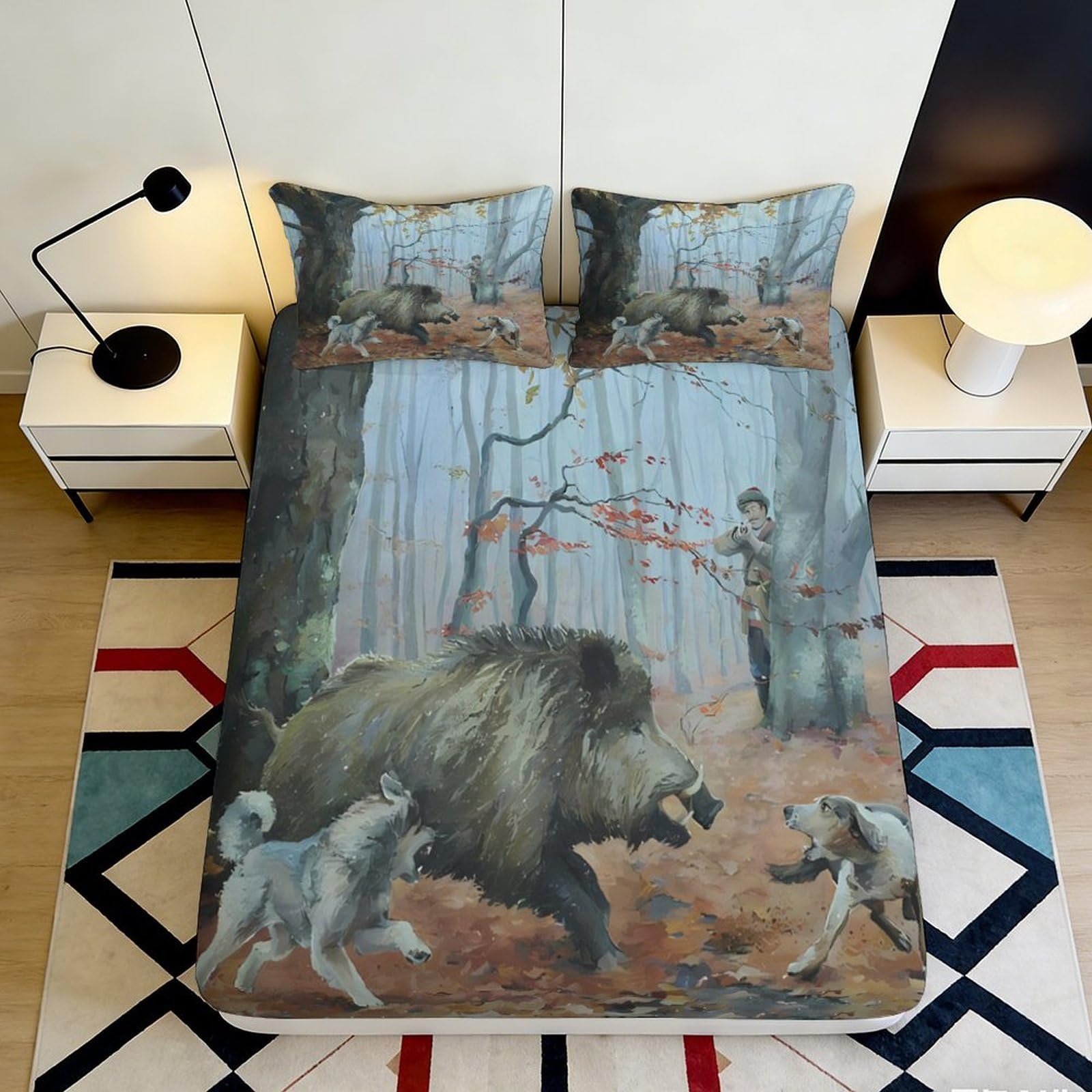 3D Printed Forest Wild Boar Fitted Sheet Microfiber Soft Breathable Hunting Scene Mattress Cover for Bedroom Decor 140x200x25cm