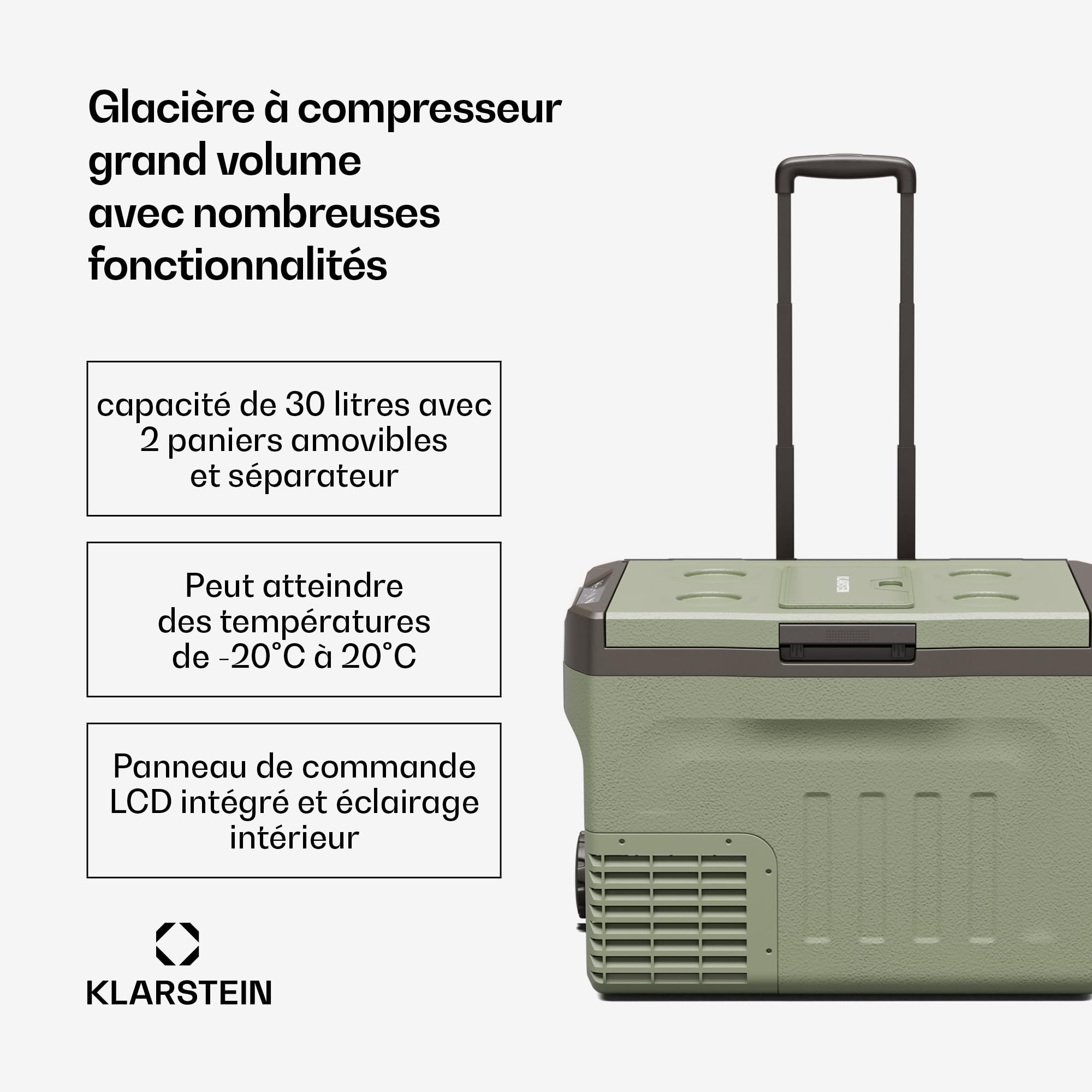 KLARSTEIN PolarForce 30L Glacière - Glacière électrique à Compression, LCD, -20°C à 20°C, Roues Tout-Terrain, poignées Doubles, Mode ECO, Protection Batterie, Vert, congélateur