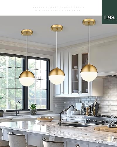 Miniatura 7 de LMS Luces colgantes de mediados de siglo, accesorios de iluminación de isla de cocina de oro cepillado con pantalla de vidrio de globo blanco, cable