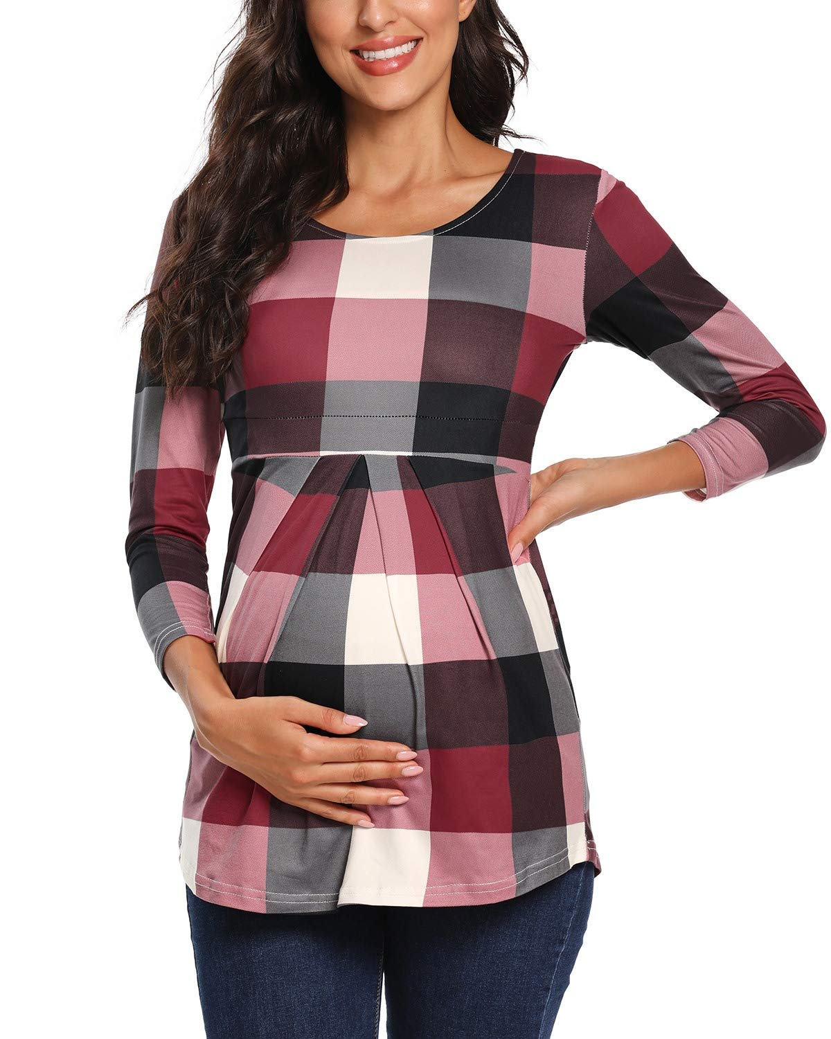 Maternity Tops 3/4 Sleeve Front Pleat Peplum Maternity Tunic Round Neck Classic Shirts