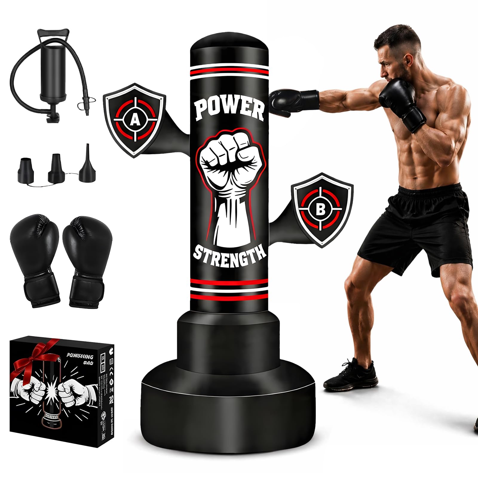 Sac de Frappe sur Pied Adulte 180cm, Qoosea Punching Ball Gonflable avec Gants de Boxe et Pompe à Air, Sac de Boxe Autoportant pour Entraînement de Kickboxing, MMA Karaté