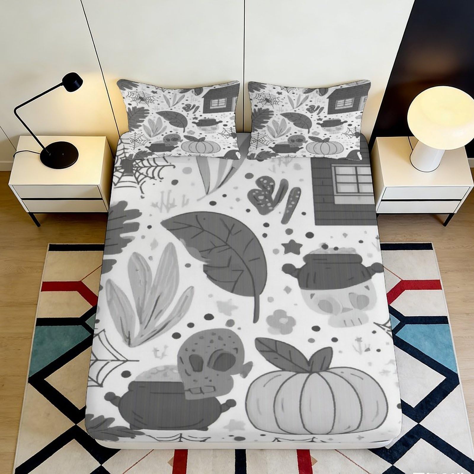 3D Printed Gothic Skull Fitted Sheet Microfiber Soft Breathable Pumpkin Mattress Cover for Bedroom Dorm Decor 90x200x25cm