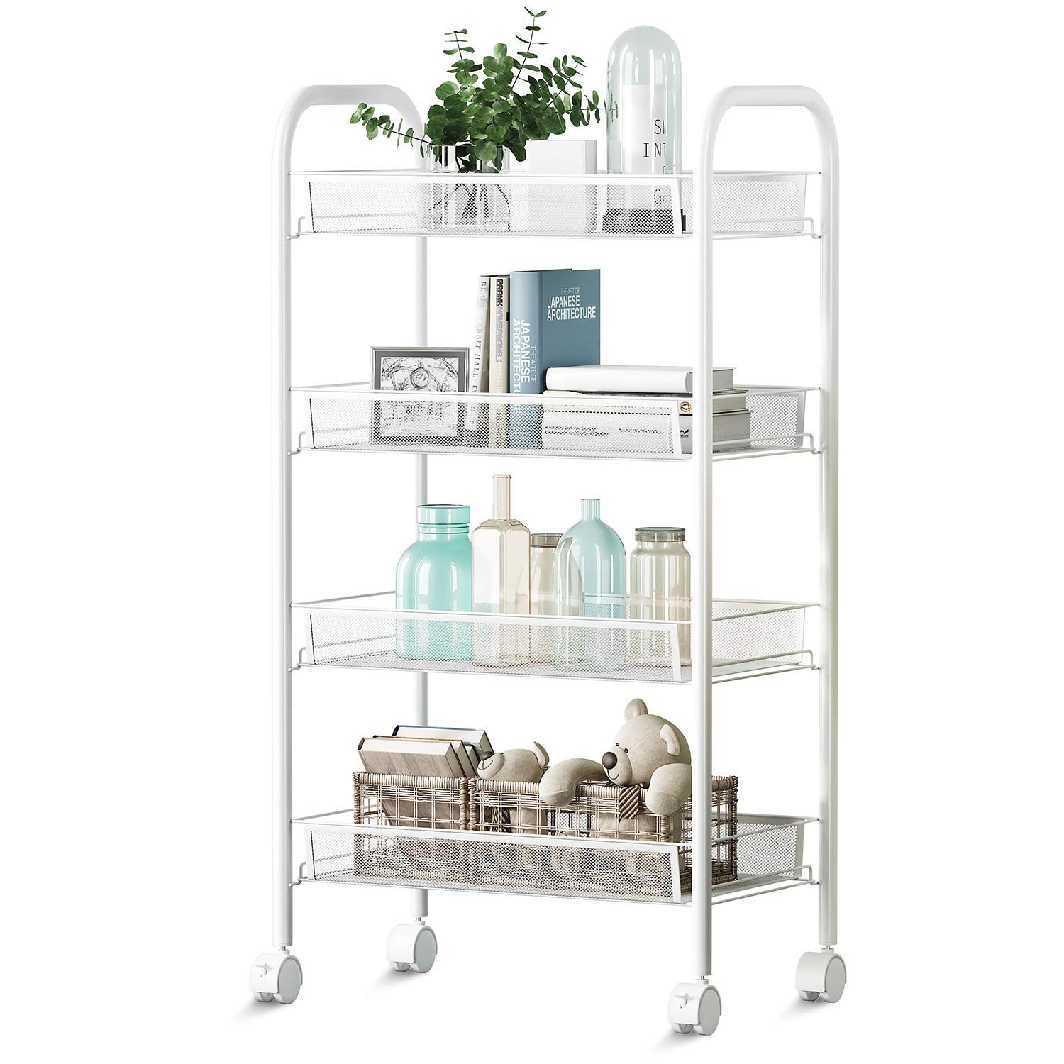 Voroly Alloy Steel 4 Tire Kitchen Accessories Storage Organizer Trolley Racks&Shelf with Lockable Wheels (White) (B07QQK6W24) Amazon Price History, Amazon Price Tracker
