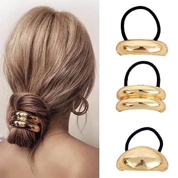 3 PCS Metal Hair Ties Gold Hair Cuffs Metal Hair Cuffs for Ponytails Gold Hair Ties Geometric Elastic Hair Ties Golden