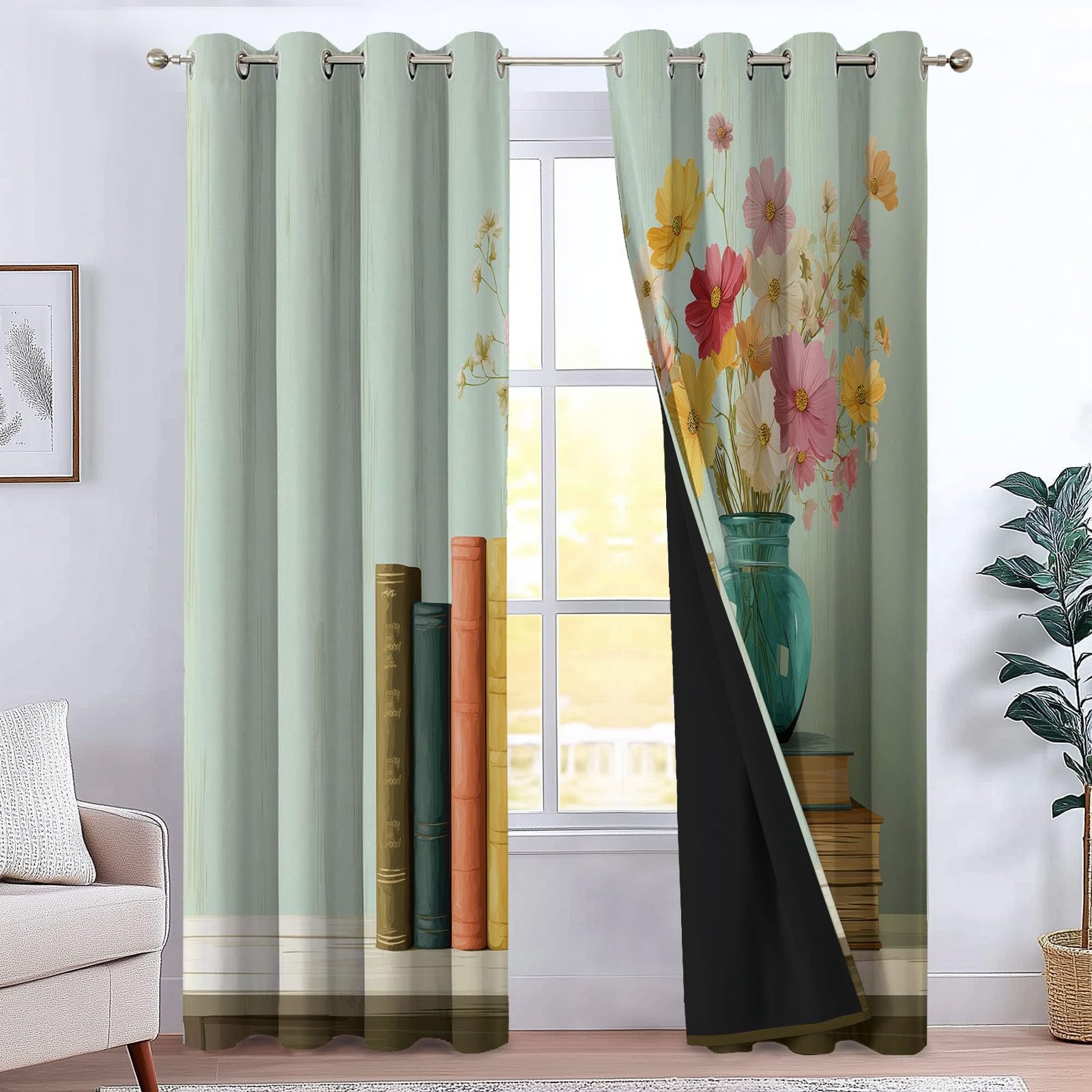 Hellgrün Blickdicht Vorhänge für Wohnzimmer Retro Buch Blumen Verdunklungsvorhang mit Ösen, Blickdicht Gardinen Thermovorhang für Schlafzimmer Deko 2er Set, H 260 x B 140 cm