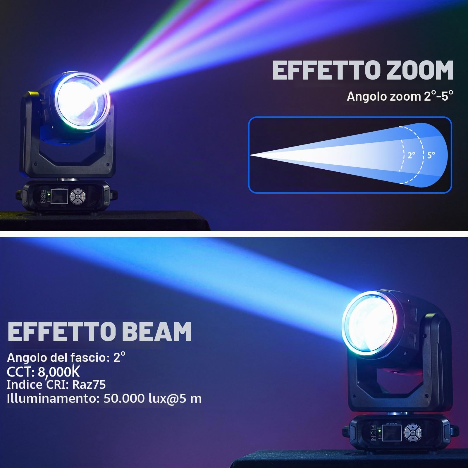 Teste Mobili LED Beam da 200W, Zoom Elettronico 18 Prismi 11+1 Colori e 14+1 Motivi Effetto di Atomizzazione LED RGB d-mx512 (16CH) per Palcoscenico Matrimoni DJ Feste e Natale