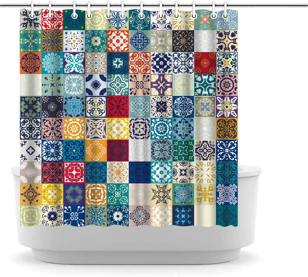 LUKUY Boho Patchwork Shower Curtain - 72x72Inch Fabric Bohemian Patchwork Flower Moroccan Shower Curtain for Bathroom