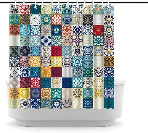 LUKUY Cortina de ducha de retazos bohemios, 72 x 72 pulgadas, tela bohemia, patchwork colorido, flores, vintage, marroquí, juego de cortina de ducha