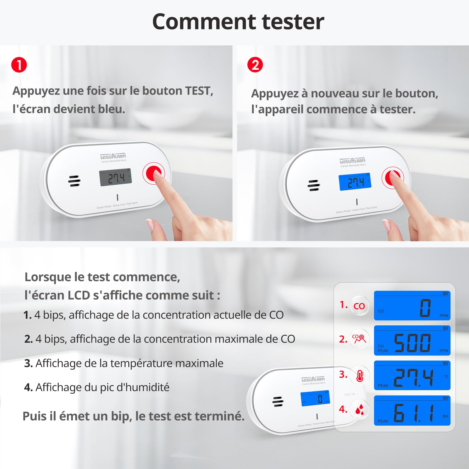 Détecteur de monoxyde de carbone, batterie scellée 10 ans, alarme de monoxyde de carbone, avec détection de température et d'humidité et affichage LCD, détecteurs de monoxyde de carbone pour la maison