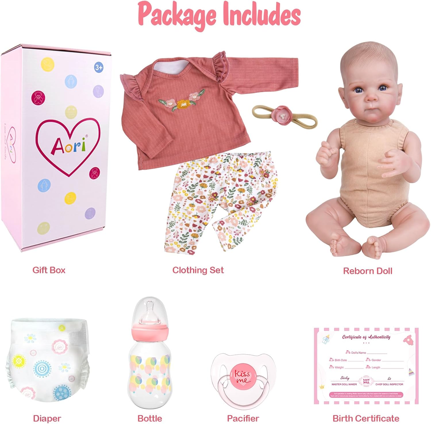 Aori Reborn Baby Dolls Girl - 20 Inch Realistic Newborn Lifelike Baby Doll with Hand-Painted Features - Weighted Cloth Body Cuddle Companion Doll with Outfits, Gift for Kids 3  & Collectors