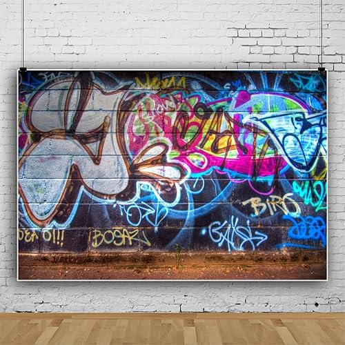 Miniatura 2 de Yeele Fondo de pared de graffiti retro de 7 x 5 pies, pared de ladrillo rústico de los años 80 y 90, dibujo a mano, pintura de graffiti, tema de hip