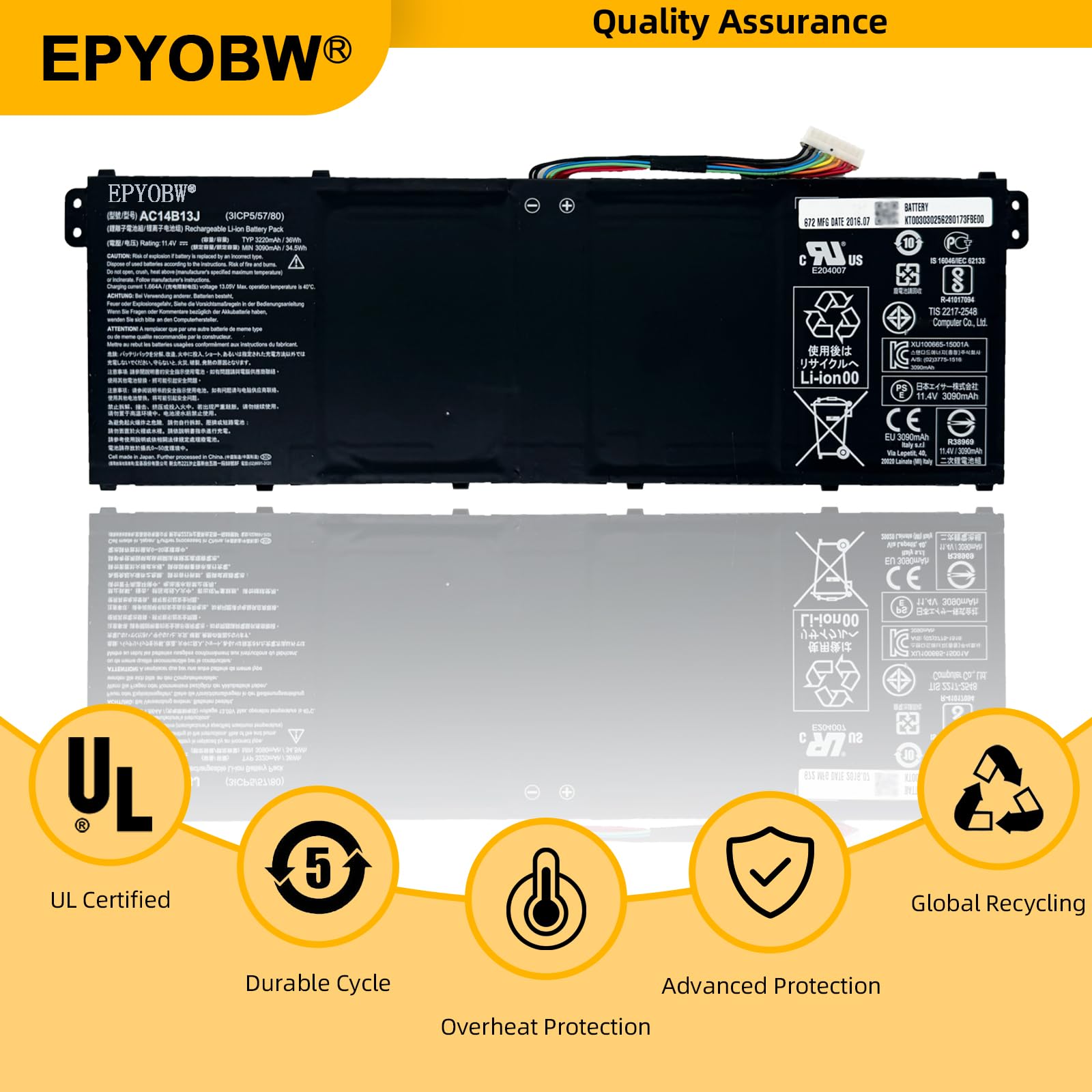 Amazon.com: EPYOBW AC14B13J Laptop Battery 36Wh 3220mAh 11.4V 