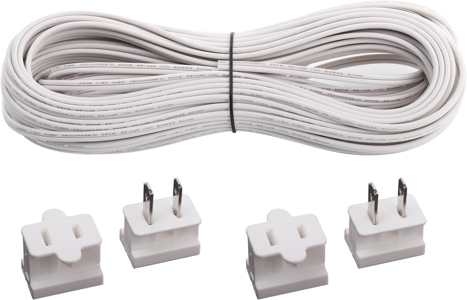 SPT-1 Wire 100FT UL Listed Electrical Wire 18/2 Wire Hookup Extension Cable with 4 Vampire Plugs 18AWG 2 Cord Flexible for Residential/Outdoor, White