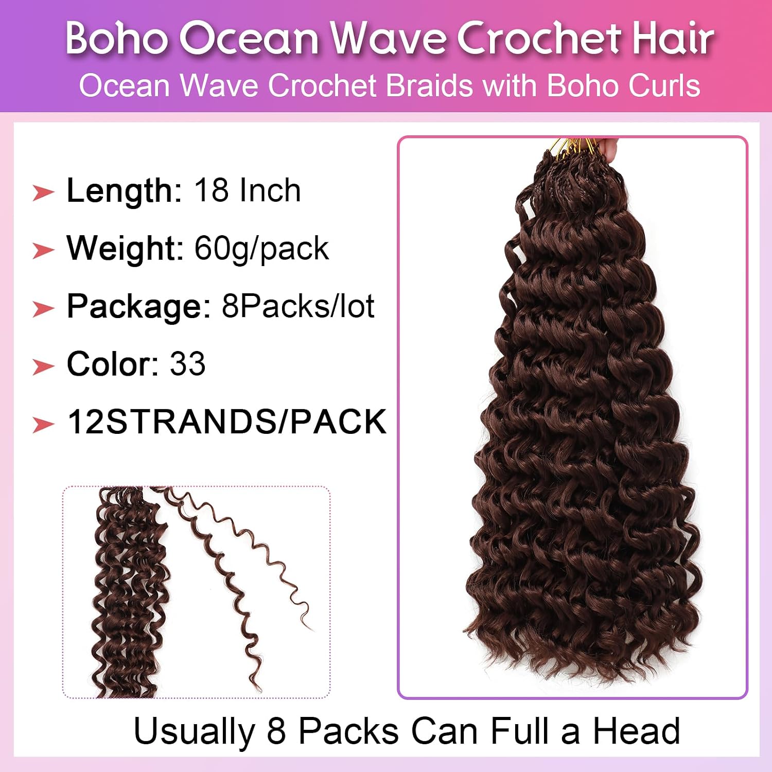 8Packs Curly Crochet Hair Boho Ocean Wave Crochet Hair 18Inch Pre Looped Crochet Hair for Black Women Pre Twisted Bench Curl Crotchet Hair(33#, 18inch)