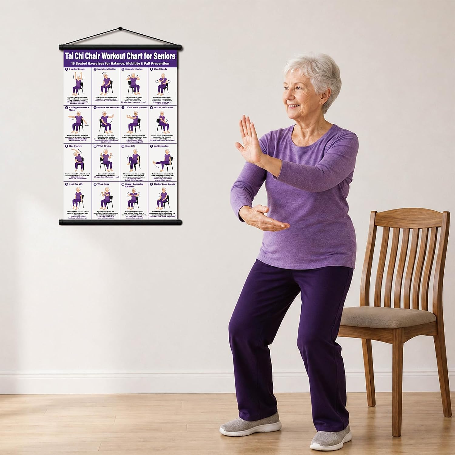 Mztcshcy Chair Tai Chi Workout Chart for Seniors & Beginners, 16x24 Inch | 16 Seated Tai Chi Moves Balance, Flexibility, Mobility & Relaxation, Wall Art, Living Room, Bedroom, Home Gym, Exercise Guide