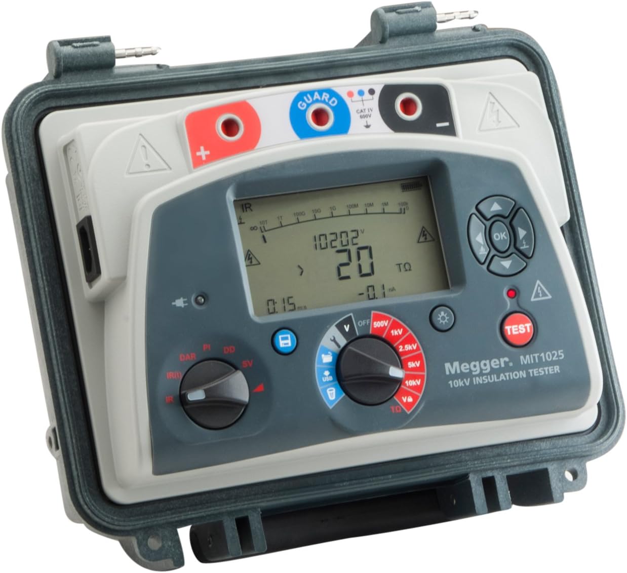 Megger MIT1025-US 10kV Insulation Resistance Tester, 85 to 265 V, 50/60 Hz, 60 VA, 0.01 nA to 6 mA, Digital/Analog Display, +/-5% Accuracy