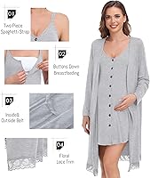 Vista 3 de SWOMOG Conjunto de camisón de lactancia y bata de encaje 3 en 1 para mujer, vestido de lactancia con botones de parto y 2 piezas para dormir