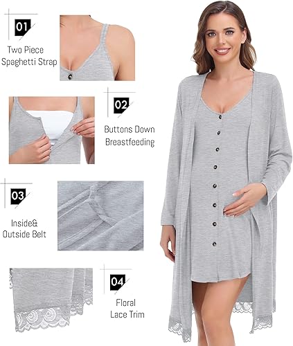 Miniatura 3 de SWOMOG Conjunto de camisón de lactancia y bata de encaje 3 en 1 para mujer, vestido de lactancia con botones de parto y 2 piezas para dormir