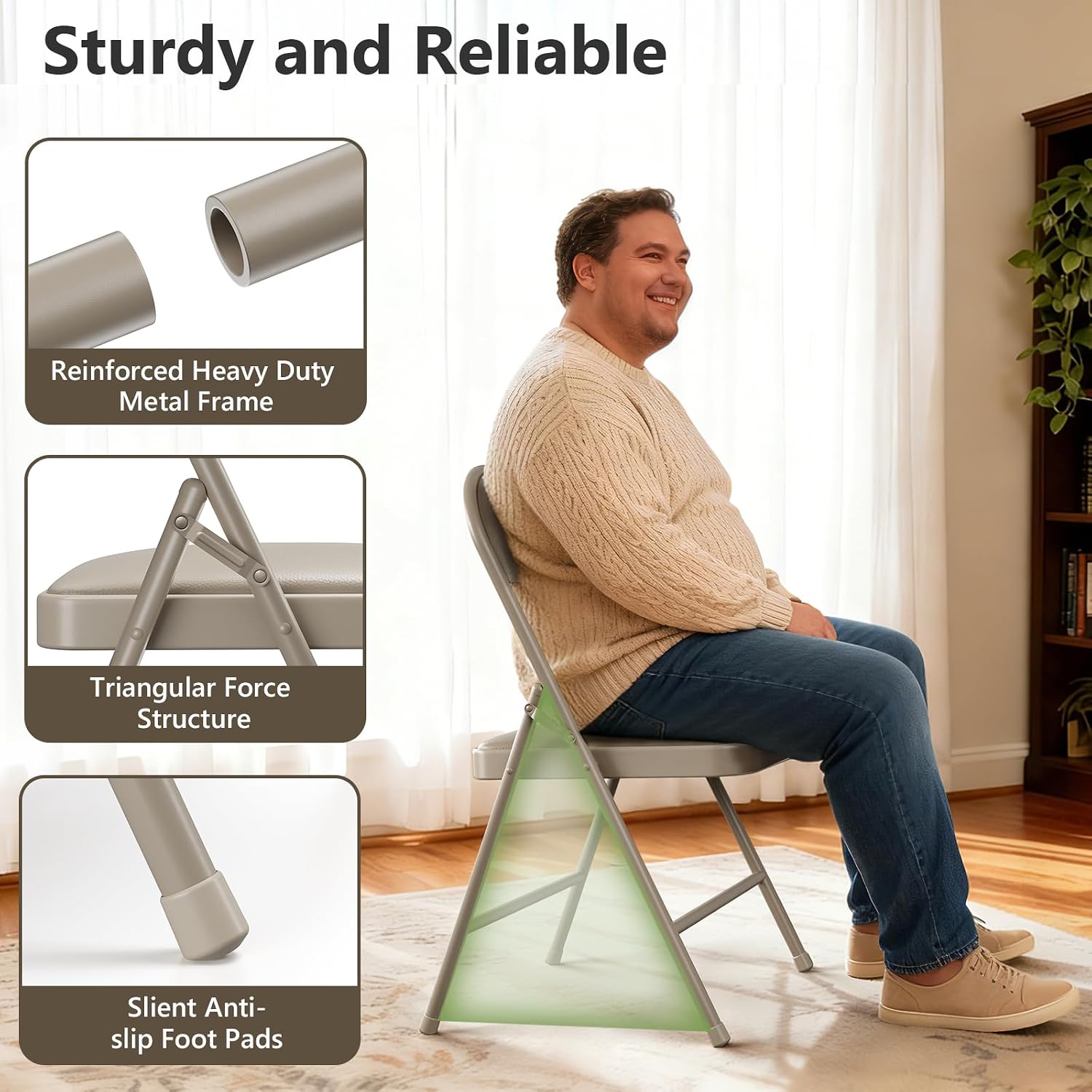 Folding Chairs 4 Pack,350 lbs Heavy Duty Metal Frame Folding Chairs with PU Leather Cushion, Ergonomic Foldable Chair with Non-Slip Feet, Portable Stackable Seating for Office Wedding Camping -Khaki