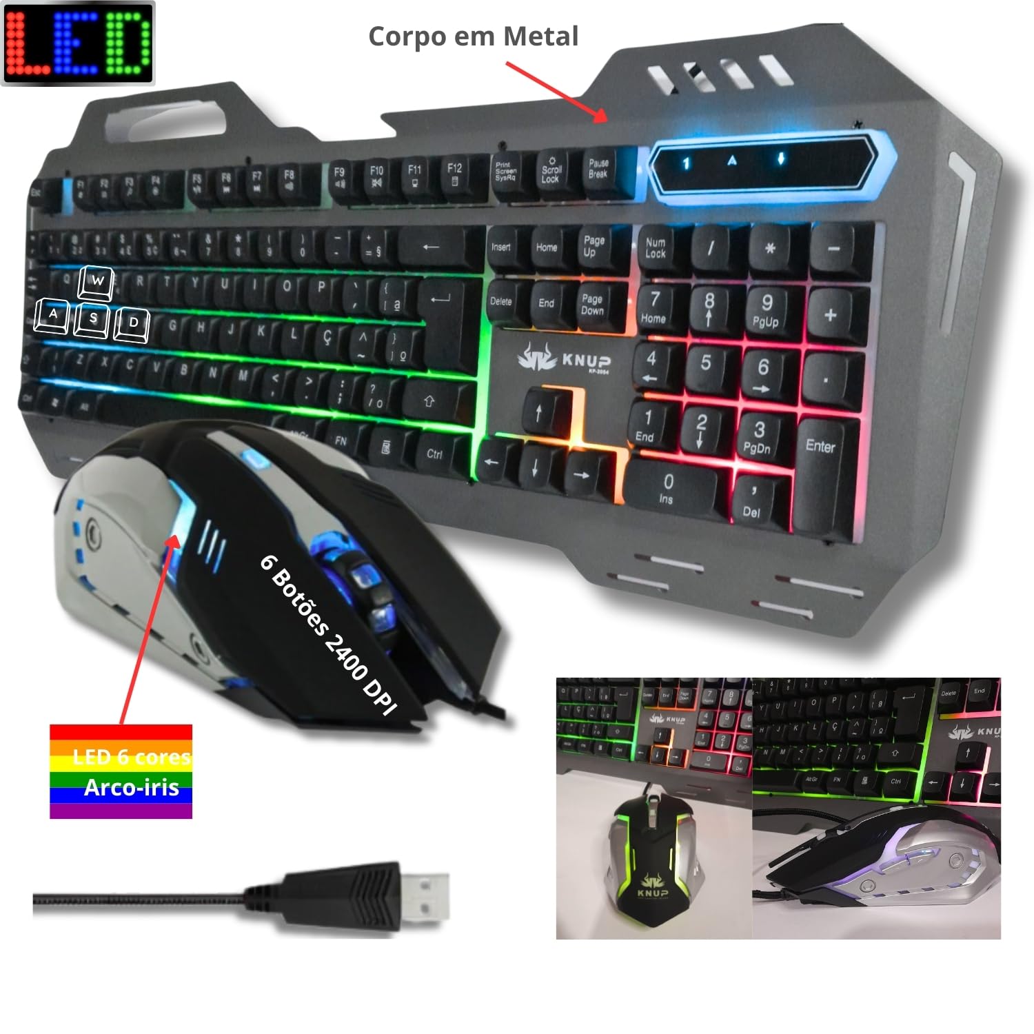 TECLADO E MOUSE GAMER COM ILUMINACAO LED RGB- KP-2054 -CINZA