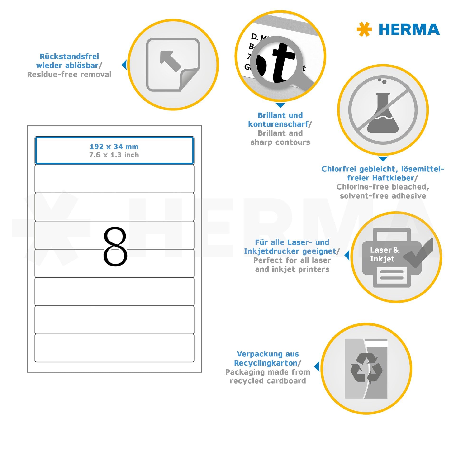 HERMA 10150 Ordnerrücken Etiketten ablösbar kurz schmal, 800 Blatt, 192 x 34 mm, 8 pro A4 Bogen, 6400 Stück, selbstklebend, bedruckbar, blickdicht, Papier Ordneretiketten Rückenschilder Aufkleber weiß