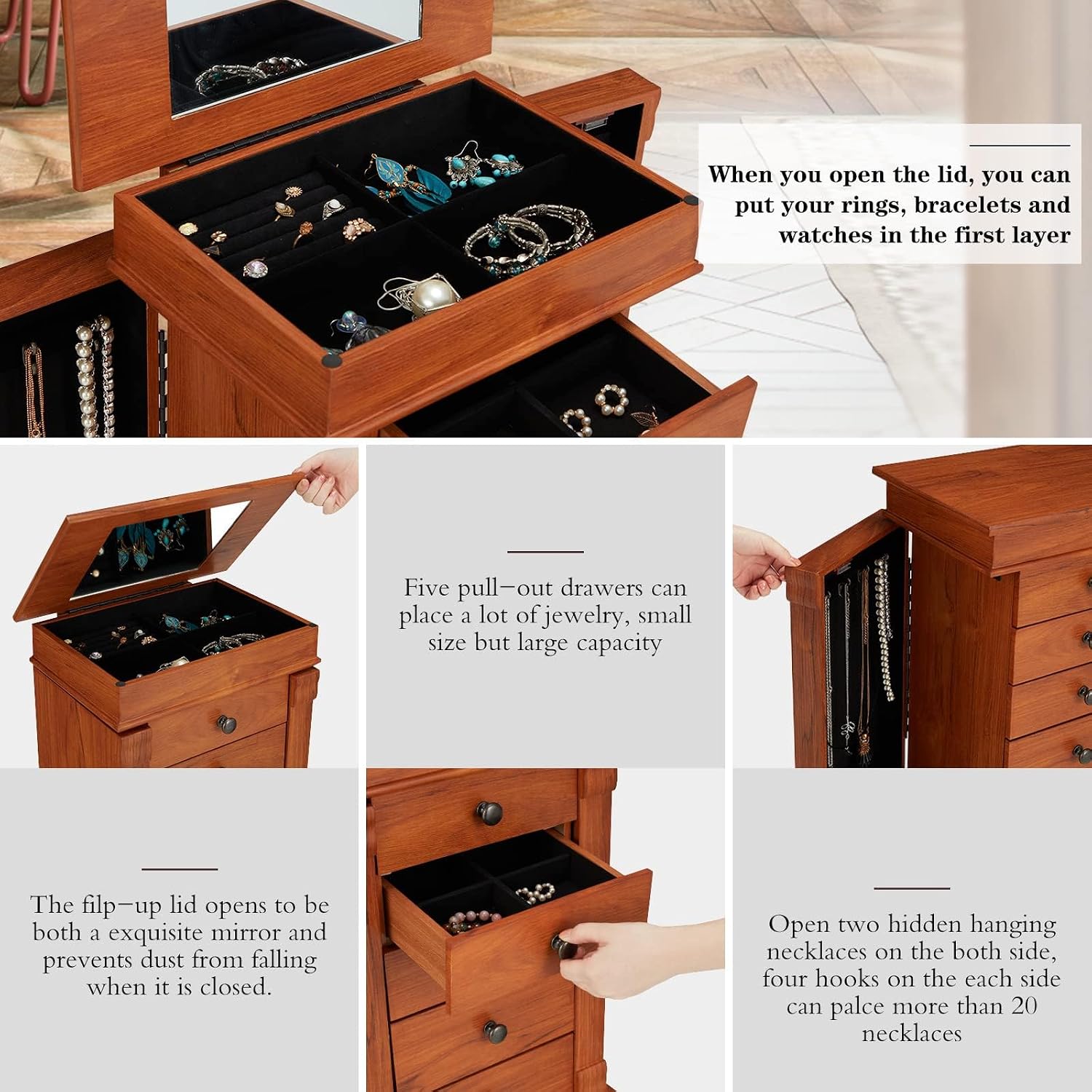 Standing Jewelry Cabinet, Wooden Jewelry Chest with 5 Drawers & 8 Necklace Hooks, Jewelry Armoire with Top Flip Mirror, Jewelry Box with 2 Side Doors, Cherry