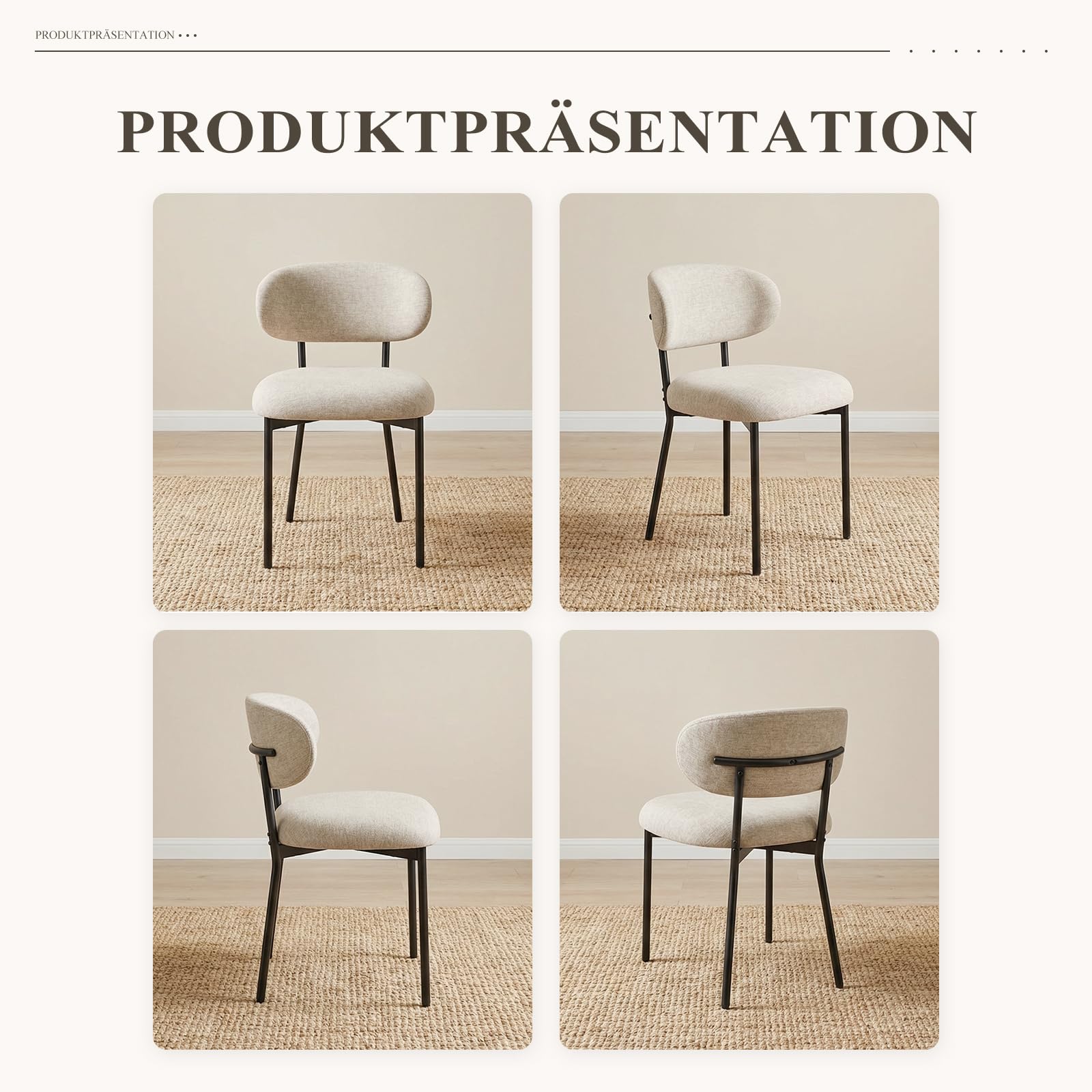 MALOL Gepolsterte Esszimmerstühle 4er Set – Moderner Stoff, Gebogene Rückenlehne, gepolsterter Sitz, stabile Metallbeine – Design-Stühle für Küche, Esszimmer, Wohnzimmer – Kamel