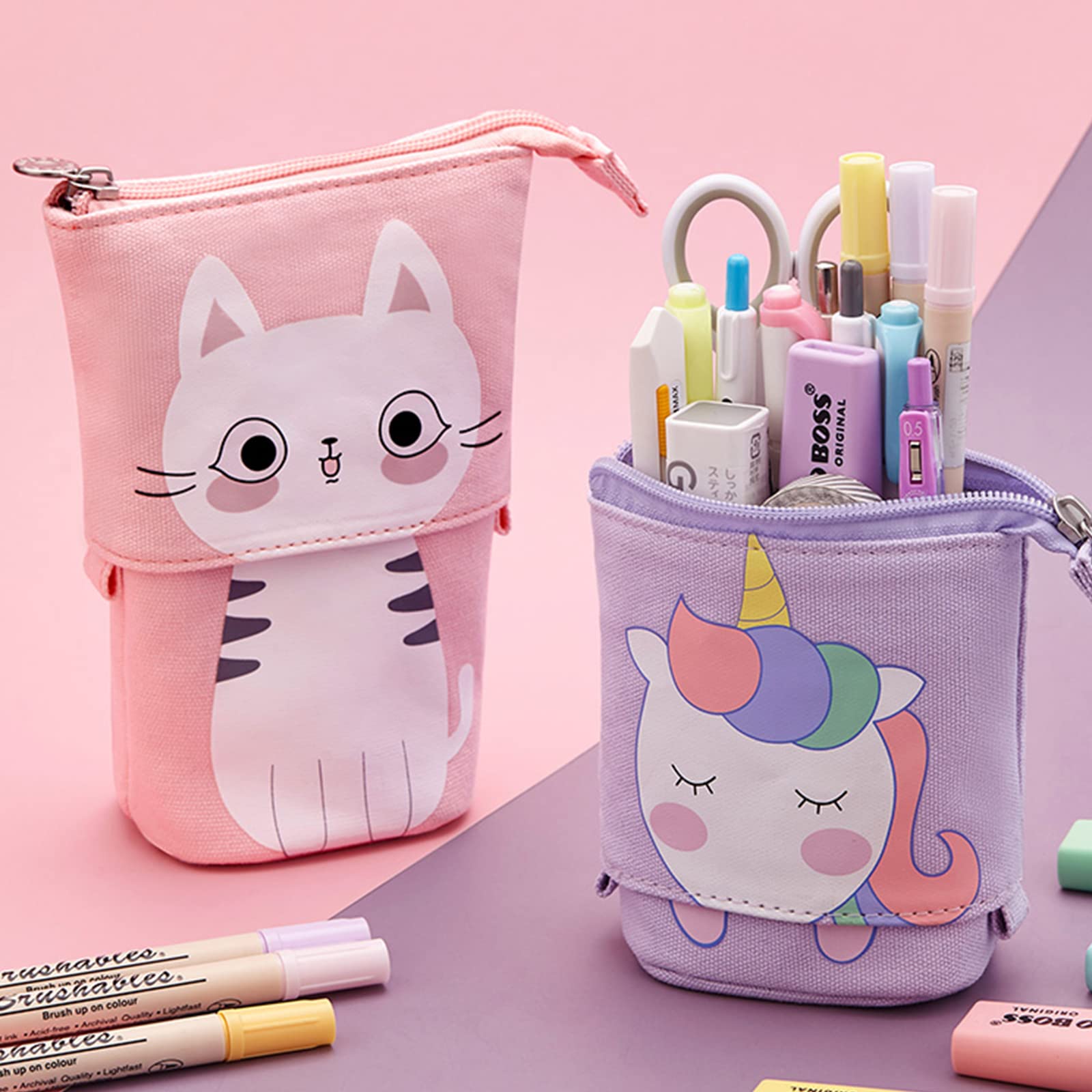 Trousse à Crayons Debout Trousse Scolaire Pliable Porte-Stylo Sac à Crayons Mignon Trousse de Maquillage Pencil Case pour Filles Garçon Étudiants Adolescents Licorne