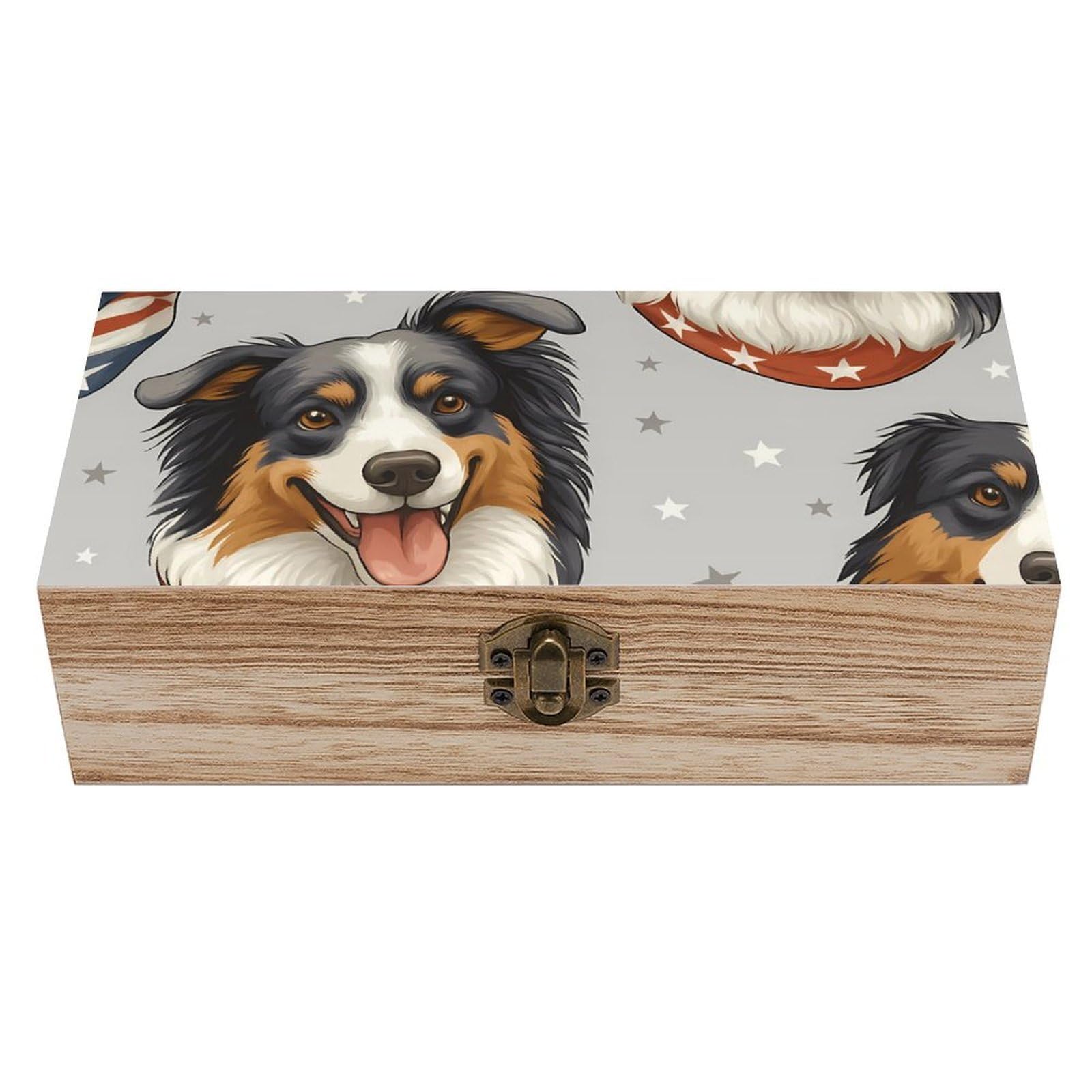 HLBSDM Cheerful Australian Shepherd & Silvery Stars Retro Wooden Storage Box Jewelry Art Gift Boxs Decorative Keepsake Boxes