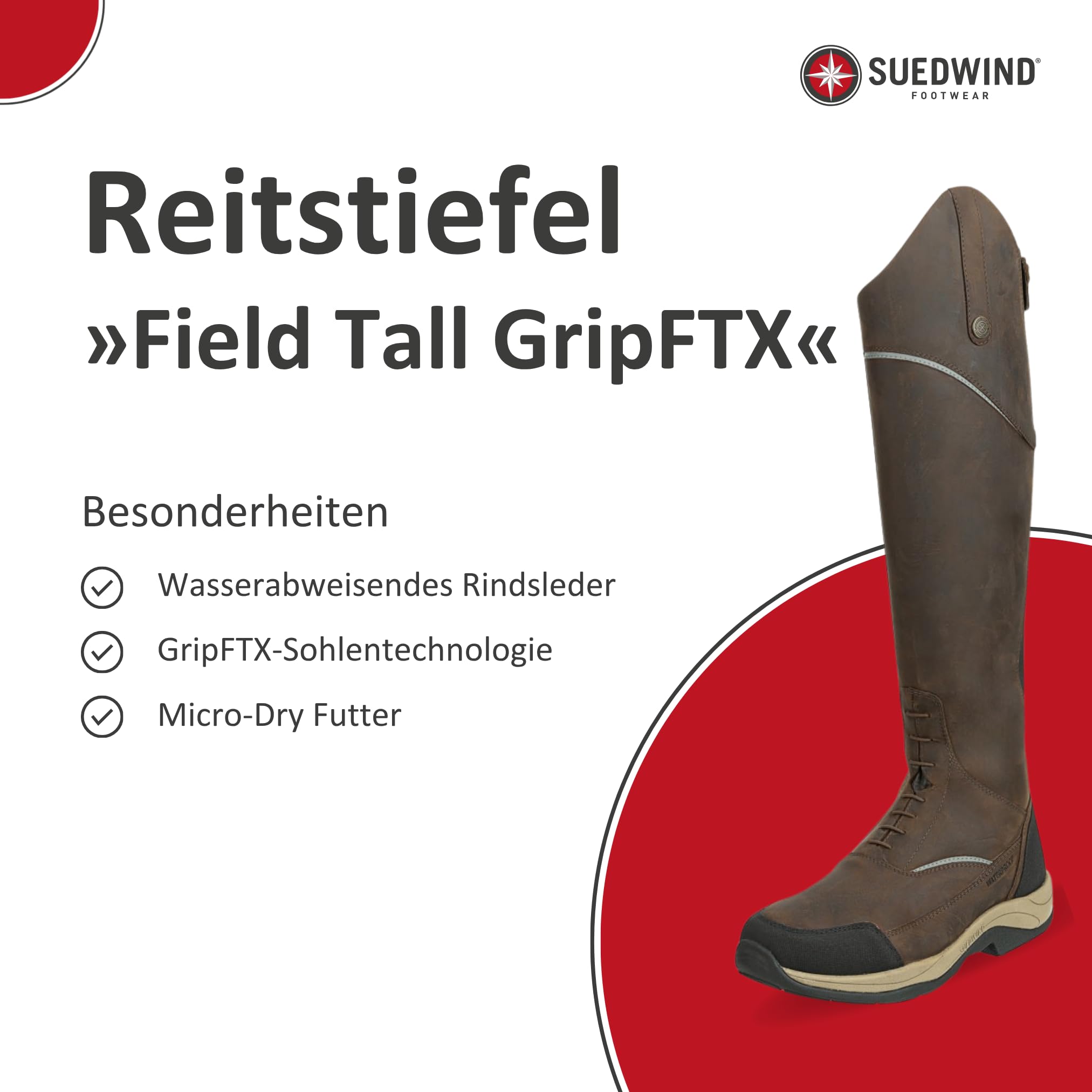 SUEDWIND FOOTWEAR Damen Reitstiefel Field Tall GripFTX – Leder Stiefel für Stall & Ausritt – Allwetter – Schnürung, Micro-Dry-Futter, Zipper, GripFTX-Sohle – chocolate – Gr. 37 – 42