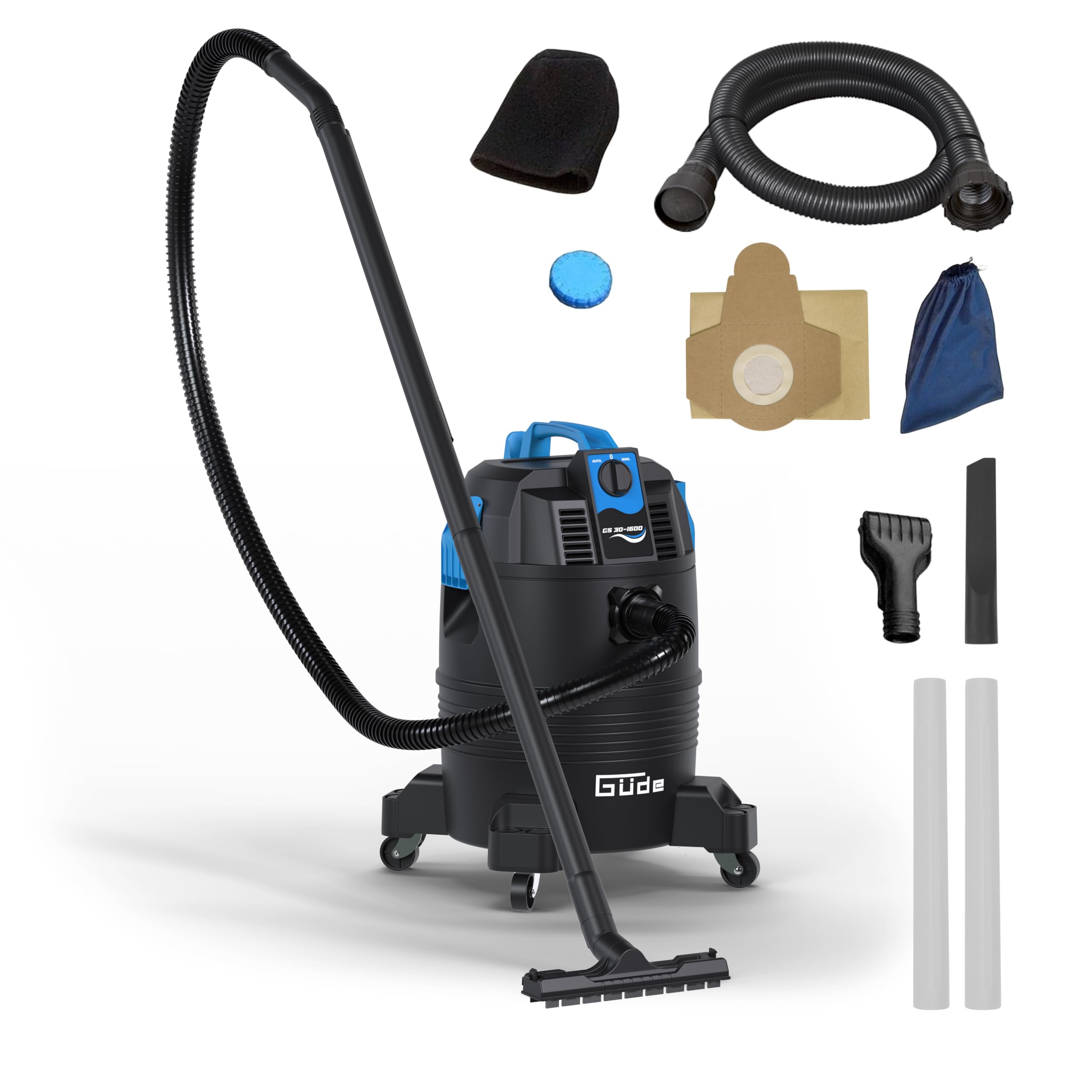Güde GS 30-1600 3 in 1 Schlammsauger – 230 Volt, 1600 Watt, 180 Millibar Unterdruck, 30 Liter Behälter, 4 Meter Saugschlauch, Saugrohr, Kombidüse, Fugendüse, Teichbürste, für Teich- und Poolreinigung