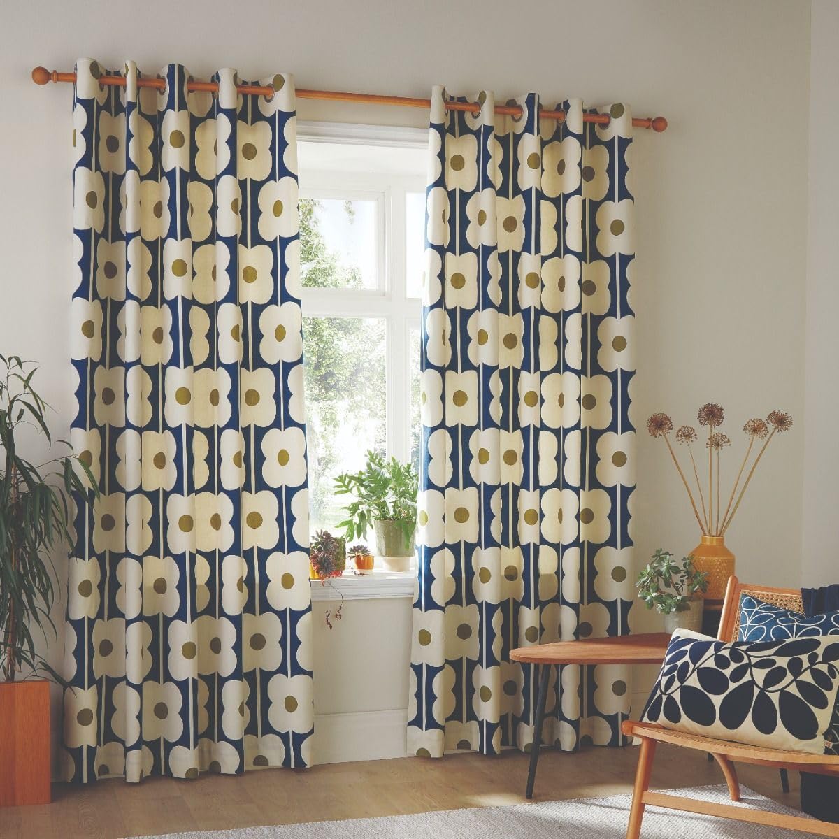 Orla Kiely Abacus Flower Lined Eyelet Curtains Navy