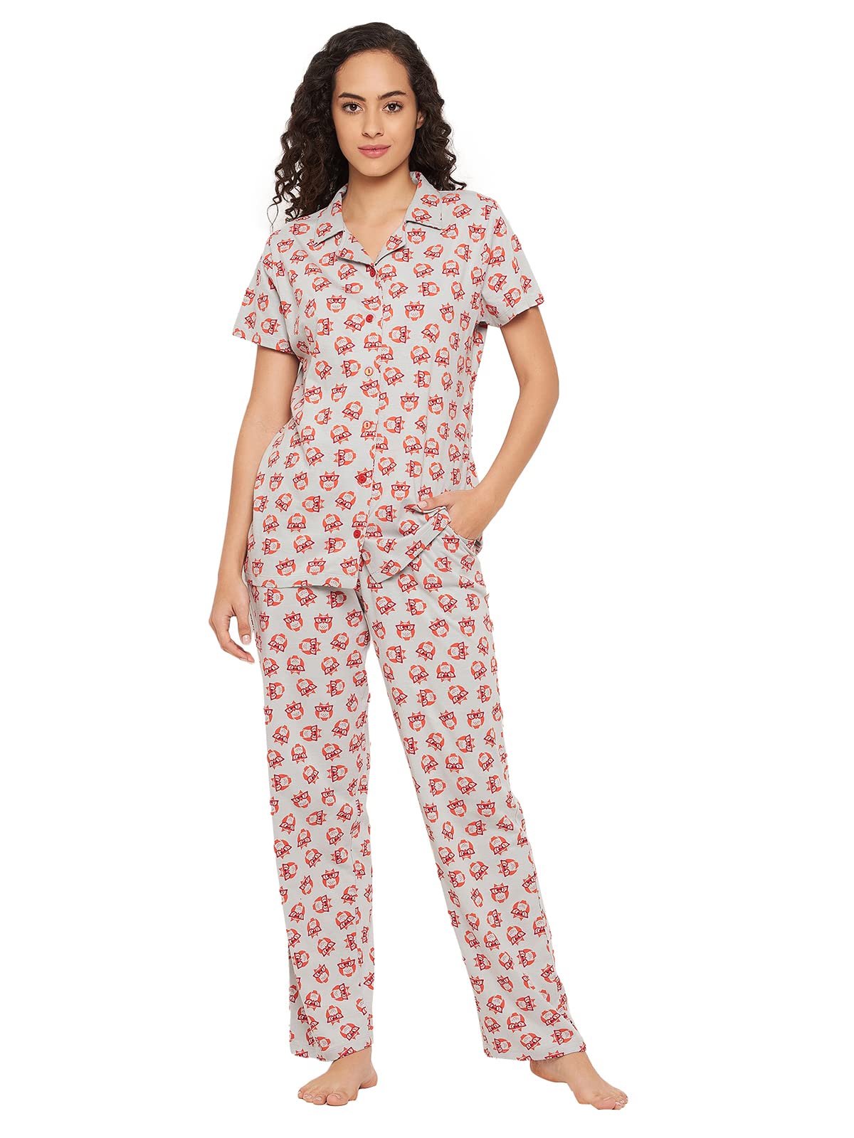 CloviaWomen's Cotton Pretty Print Button Me Up Shirt & Pyjama Set