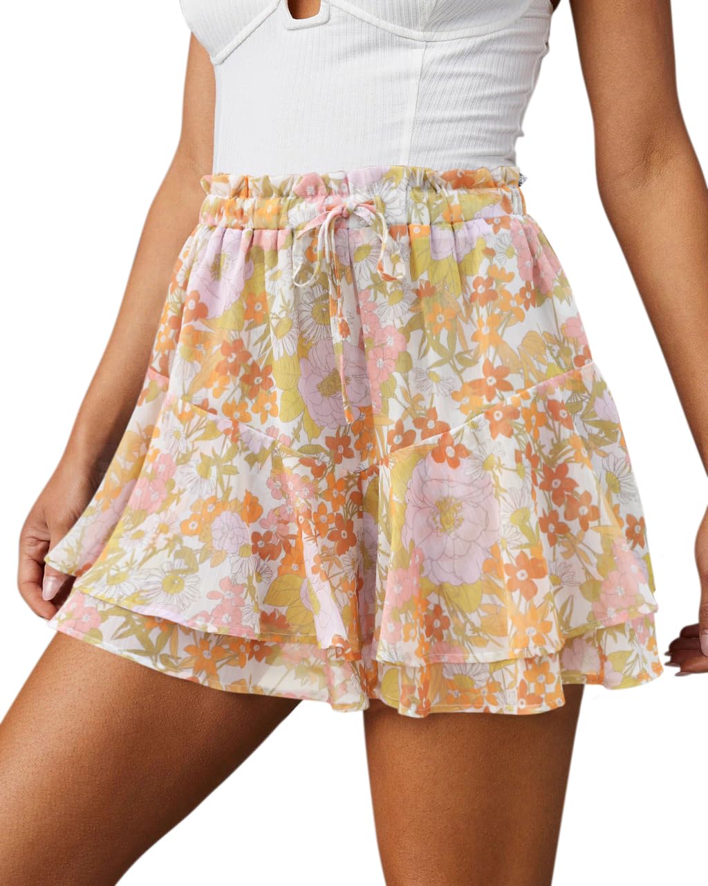 Aoudery Flowy Shorts for Women Casual Boho Floral Skorts Ruffle Mini Skirts Running Tennis Butterfly Chiffon Shorts