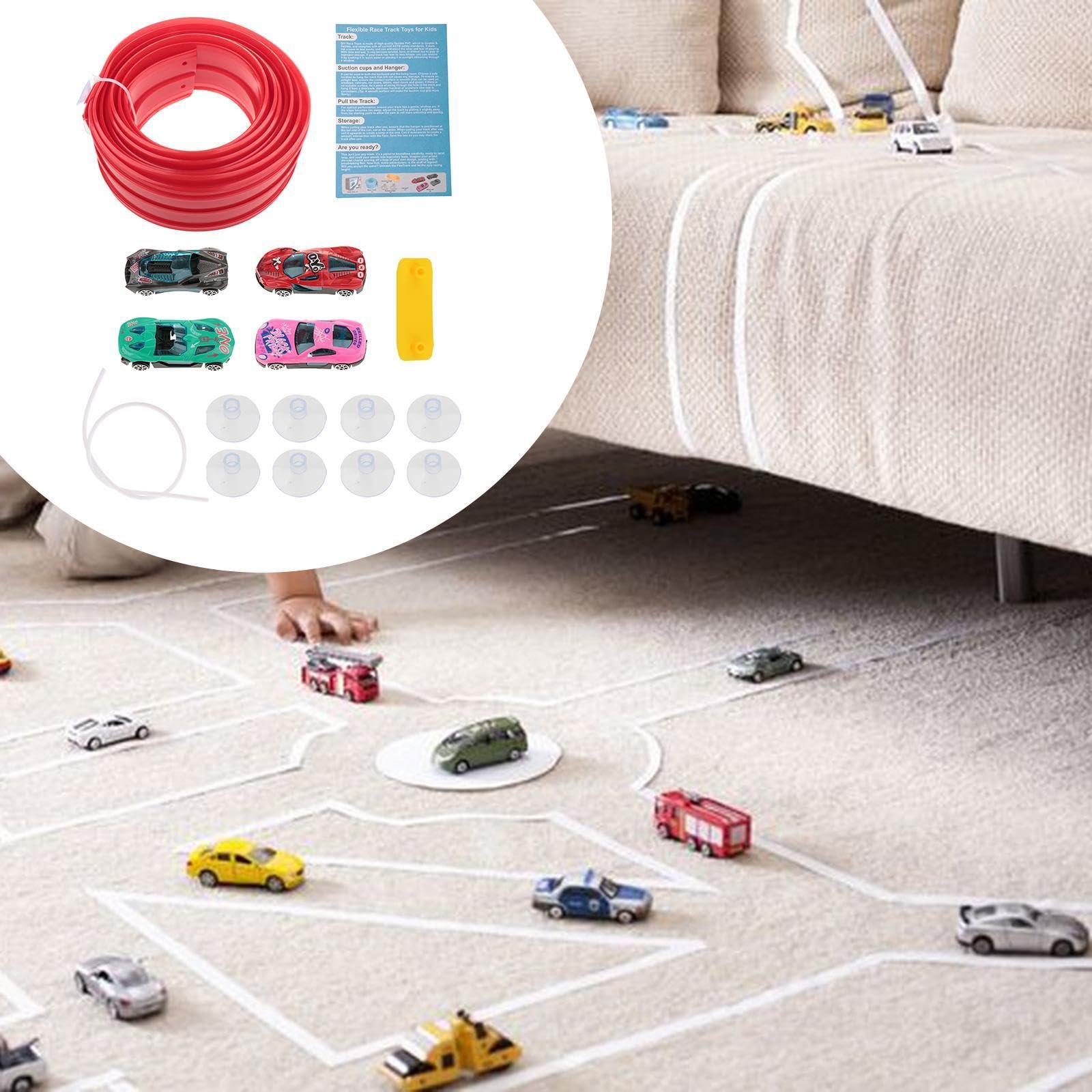 Pista de Carreras Flexible de 4,5 Metros con 4 Coches de Aleación, Kit de Construcción con Ventosas, Juguete Portátil para Niños, Rojo