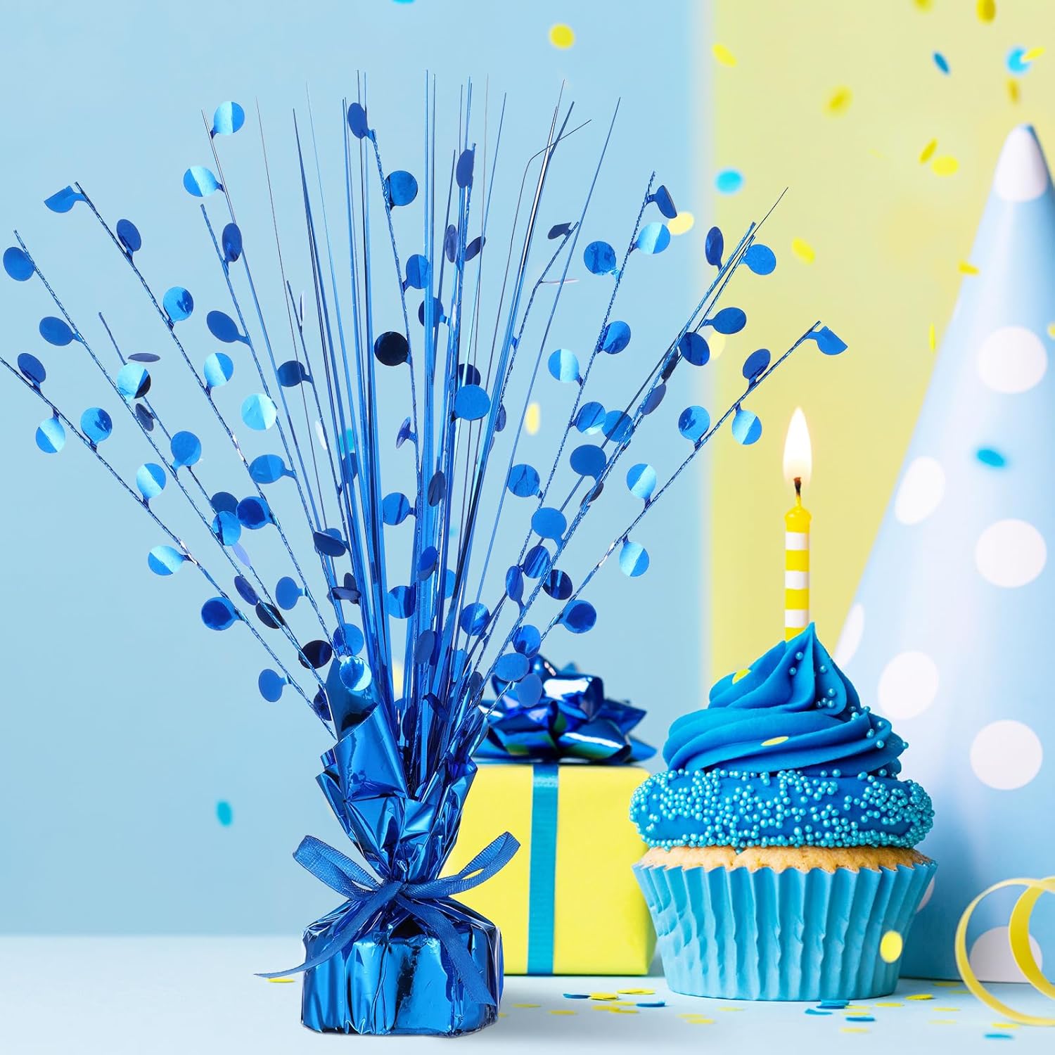 Crowye 6 Pcs Blue Metallic Foil Spray Centerpiece Table Decoration Blue Round Spray Centerpiece for Party Table Decor for Holiday Birthday Party