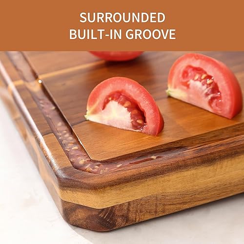 Miniatura 5 de Tabla de cortar grande de madera para cocina con asas para jugo, tabla de cortar, tabla de queso y tabla de embutidos (tabla de cortar rayada)