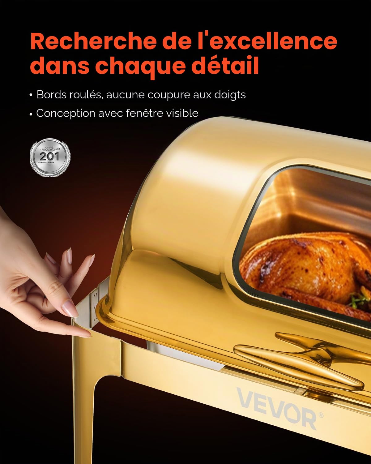VEVOR Chauffe-Plat Rectangulaire 8,5 L, Buffet Chauffant avec Couvercle Rabattable Visible, Réchaud en INOX avec Bac Pleine Taille, pour Buffet Libre-Service Hôtel Traiteur Restauration, Doré