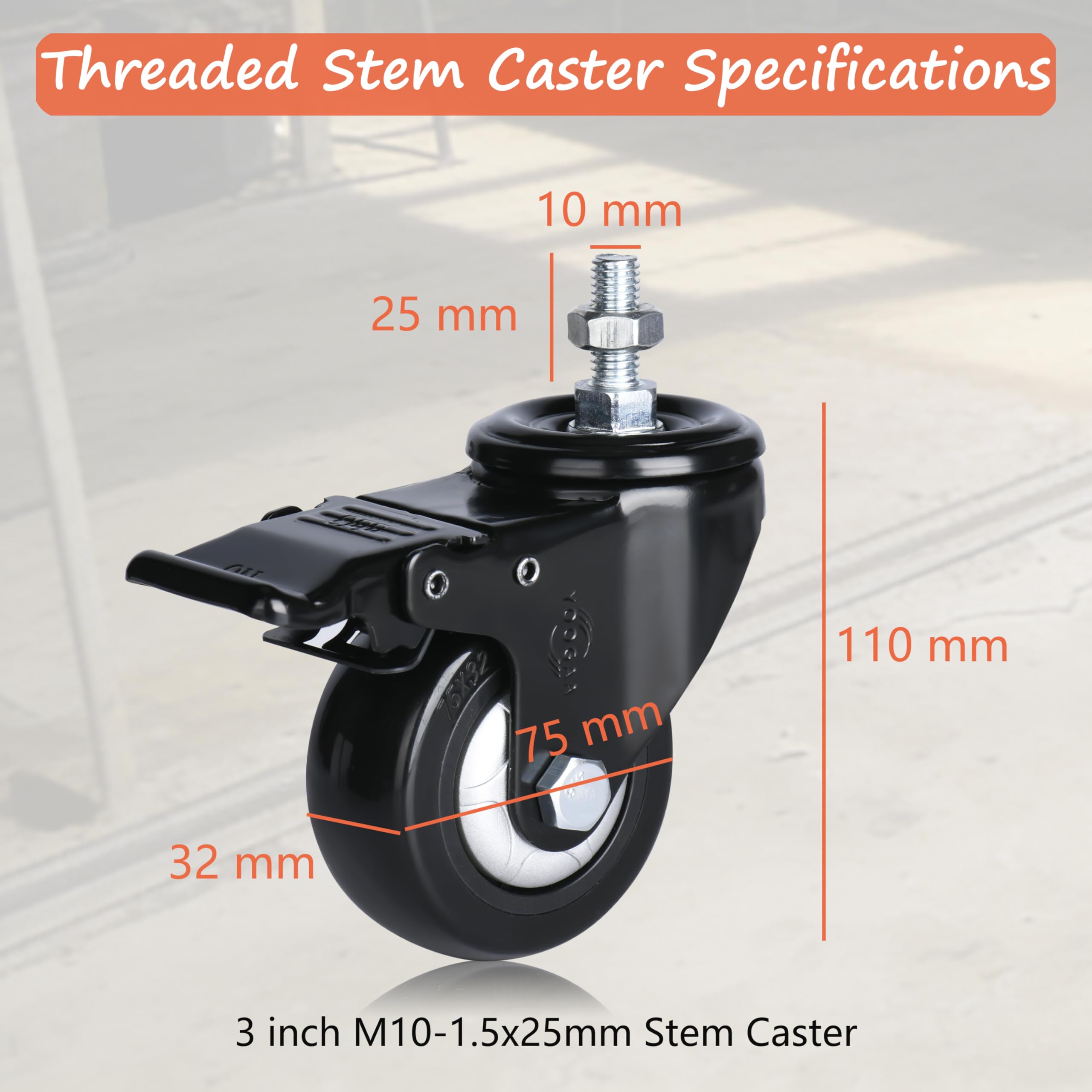 Rotelle da 75 mm con perno filettato M10-1,5 x 25 – Confezione da 4 pezzi – Carico elevato 450 kg con doppia chiusura di sicurezza e rotelle silenziose per scaffalature metalliche, carrelli, mobili