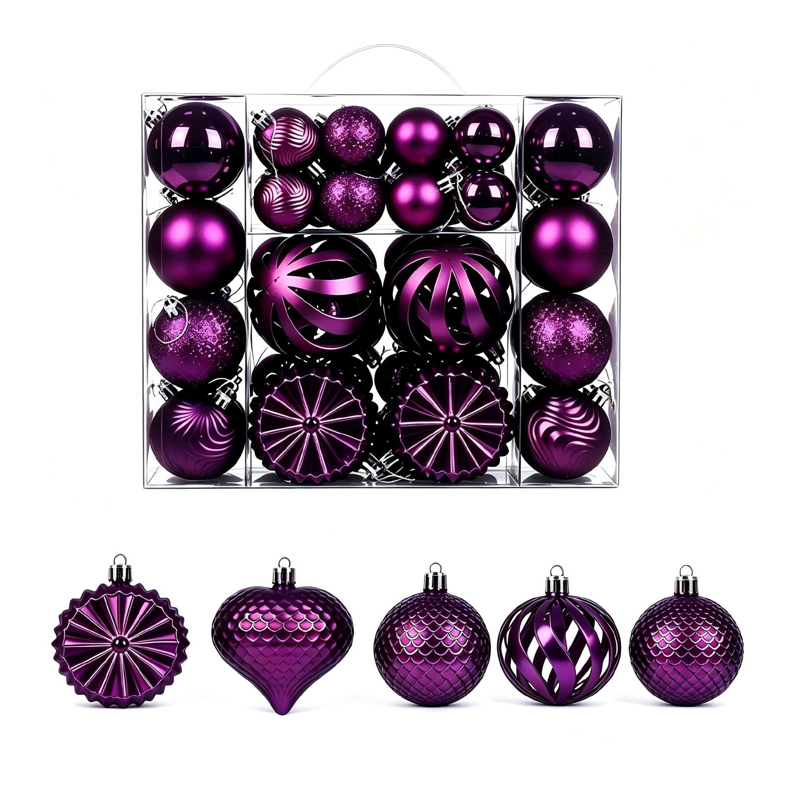 48 Pcs Christmas Balls Decoration, Purple 4-6-8cm Multiple Styles Shatterproof Christmas Baubles Elegant Colours Christmas Ornaments with Hanging Loop for Xmas Tree Home Decorations